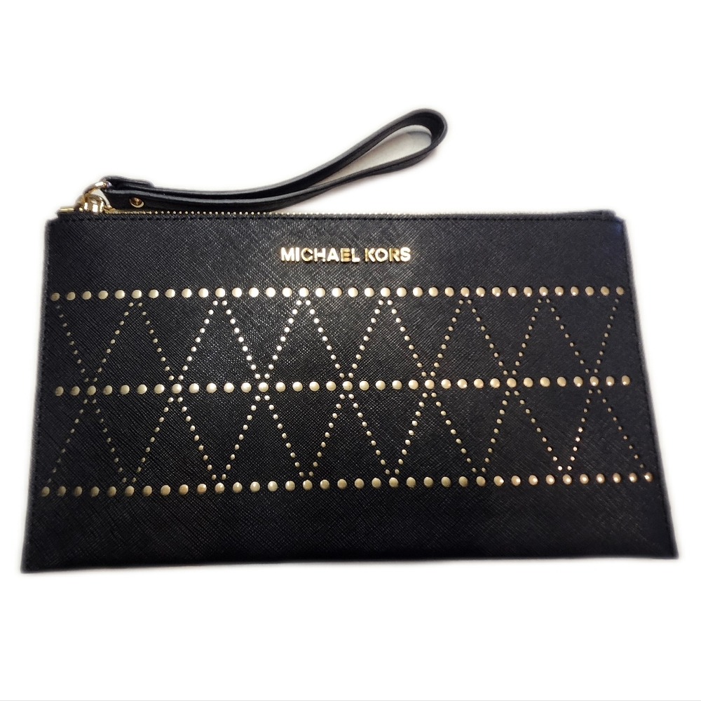 MICHAEL KORS Black and Gold Studded Wristlet Clutch Measures 10 in W & 5.5 in H